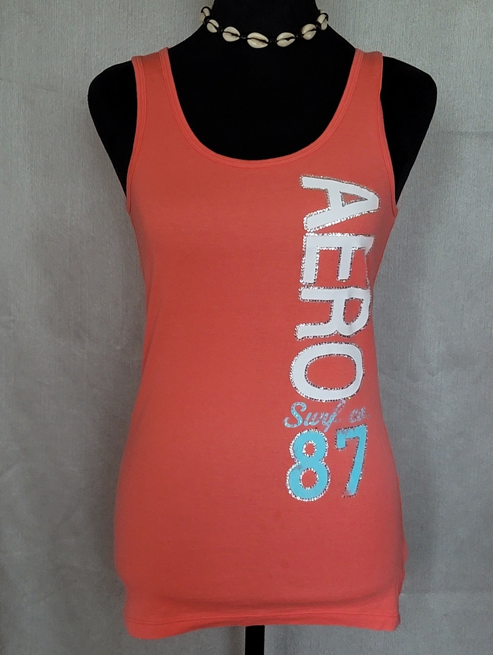 Aeropostale Coral Orange Tank with White and Light Blue Graphic